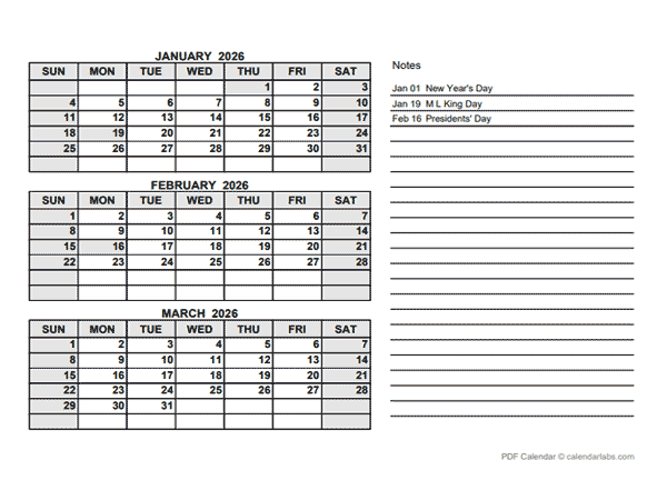 2026 Quarterly Calendar PDF