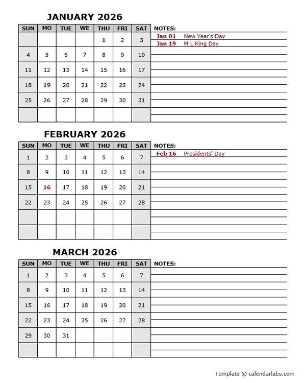 2026 Quarterly Calendar With Holidays