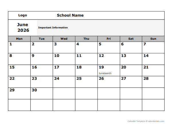 2026 School Monthly Mon Jun-Sep Calendar