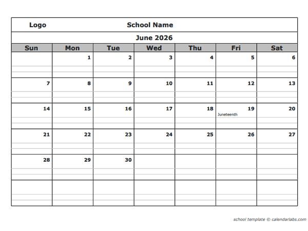 2026 School Monthly Printable Calendar