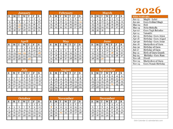 2026 Sikh Festivals Calendar Template