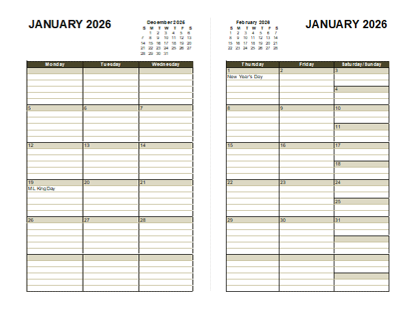 2026 Two Page Monthly Calendar A3