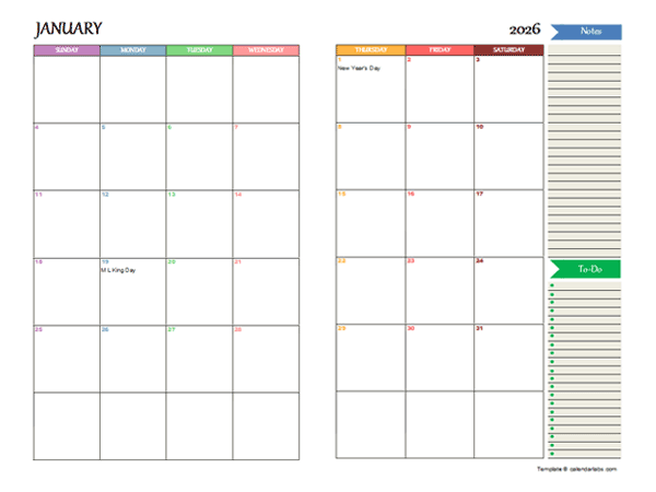 2026 Two Page Monthly Spreadsheet Calendar