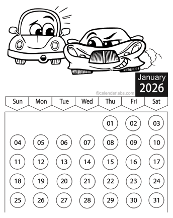 2026 Vehicle Coloring Calendar
