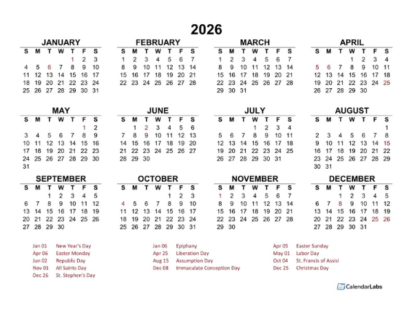2026 Year at a Glance Calendar with Italy Holidays
