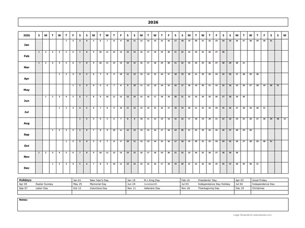 2026 Year At A Glance Large Calendar