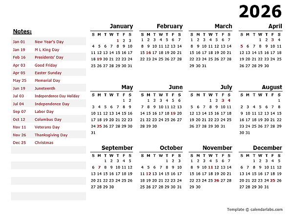 2026 Yearly Calendar Template With US Holidays