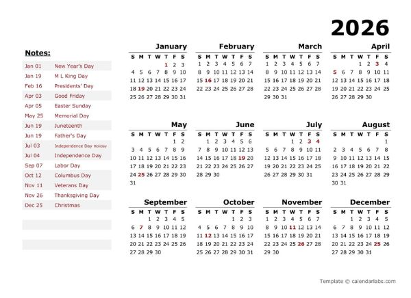 2026 Year OpenOffice Calendar Template With US Holidays