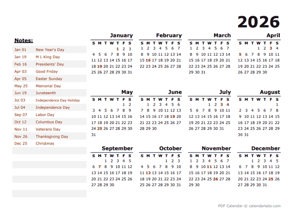 2026 Year Calendar Template with US Holidays
