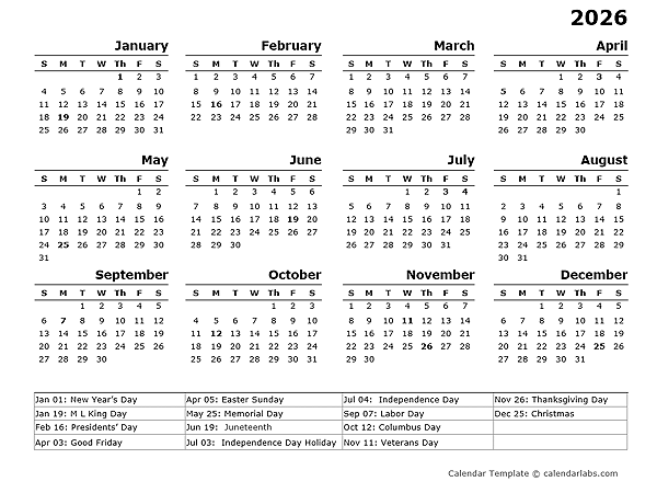 2026 Yearly Calendar Template With US Holidays