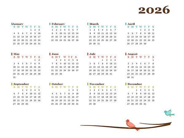 2026 Blank Yearly Calendar Bird Template