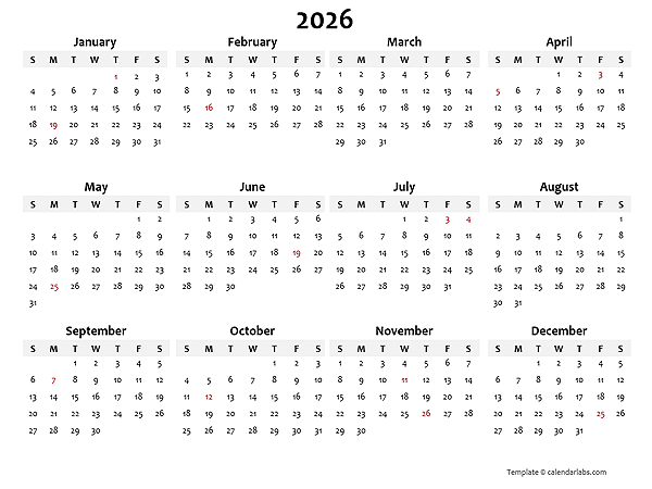 2026 Yearly Blank Calendar Template