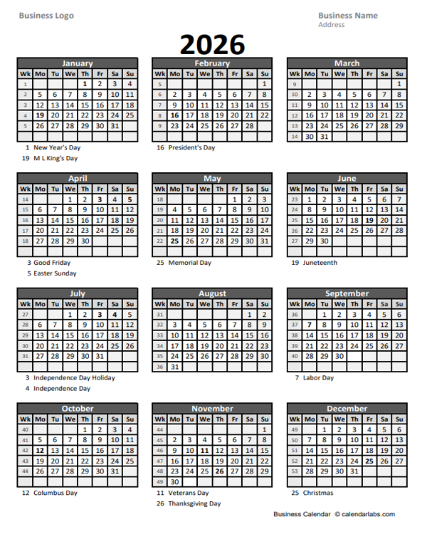 2026 Yearly Business Calendar With Week Number