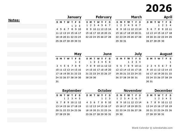 2026 Yearly Calendar Blank Minimal Design