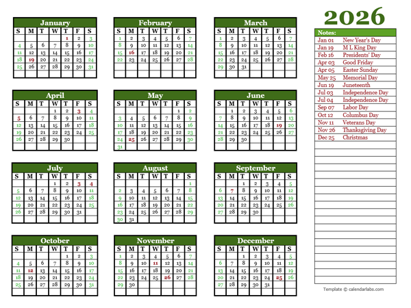Editable 2026 Yearly Calendar Landscape