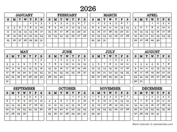 2026 Blank Yearly Calendar Landscape