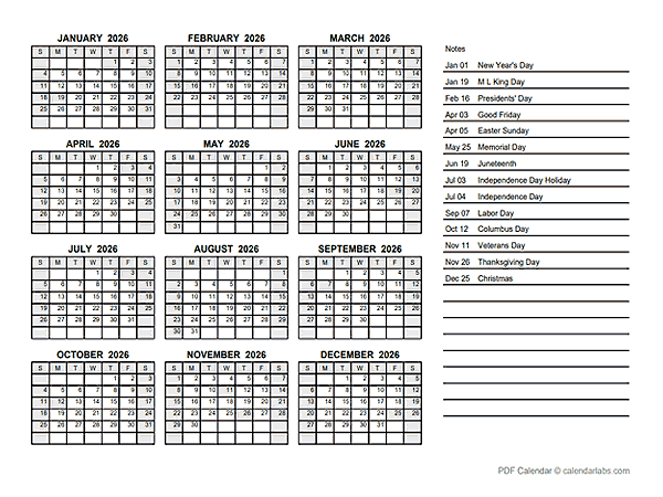 2026 Yearly Calendar PDF