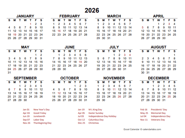 2026 Yearly Calendar Template Excel