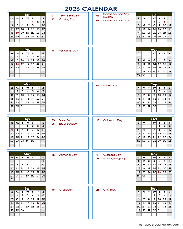 2026 Yearly Calendar Template Vertical Design