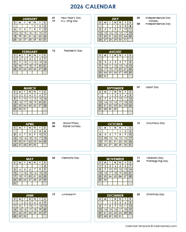 2026 Full Year Calendar Vertical Template