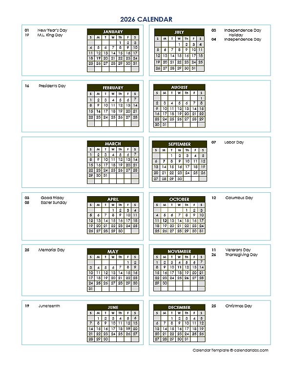 2026 Annual Calendar Vertical Template