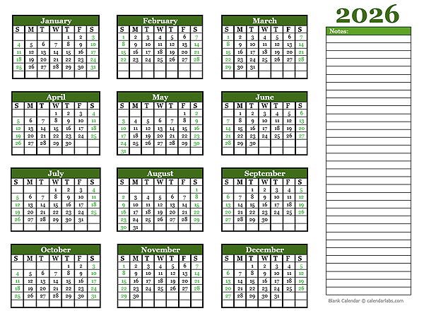 2026 Yearly Calendar With Blank Notes