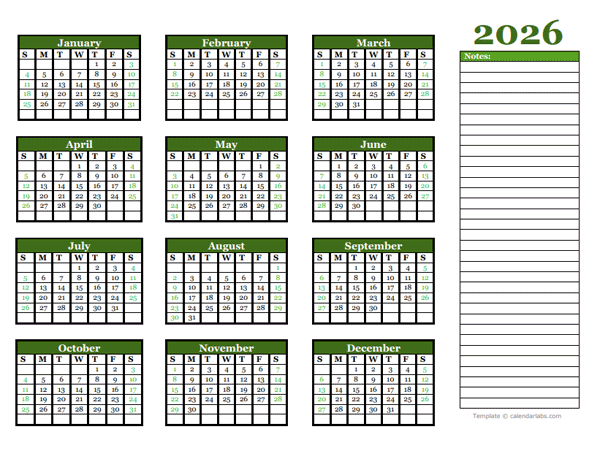 2026 Yearly Calendar With Blank Notes