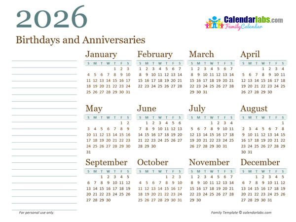 2026 Yearly Family Calendar