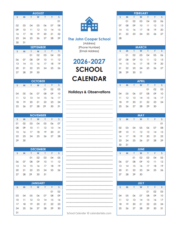 2026 Yearly Free Editable School Aug-Jul Calendar