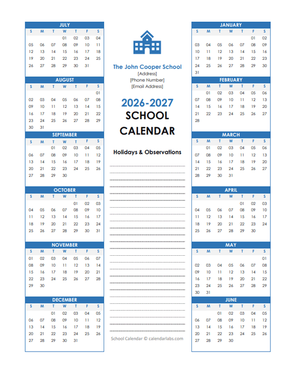 2026 Yearly Free Editable School Jul-Jun Calendar