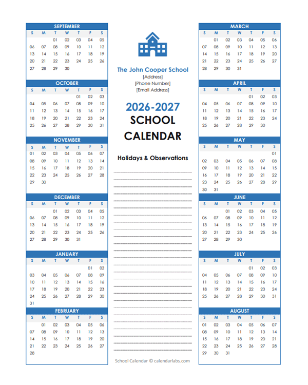 2026 Yearly Free Editable School Sep-Aug Calendar