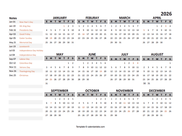 2026 Yearly Google Docs Calendar Template