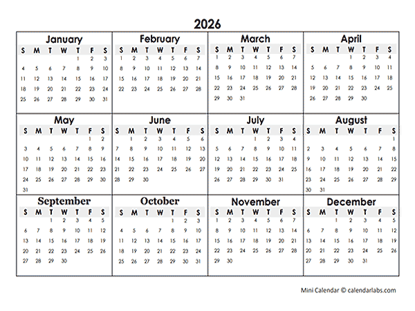 2026 Yearly Mini Calendar Template
