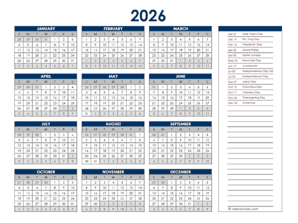 2026 Yearly PDF One Page Calendar