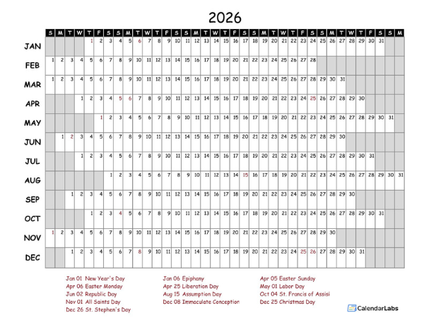 2026 Yearly Project Timeline Calendar Italy