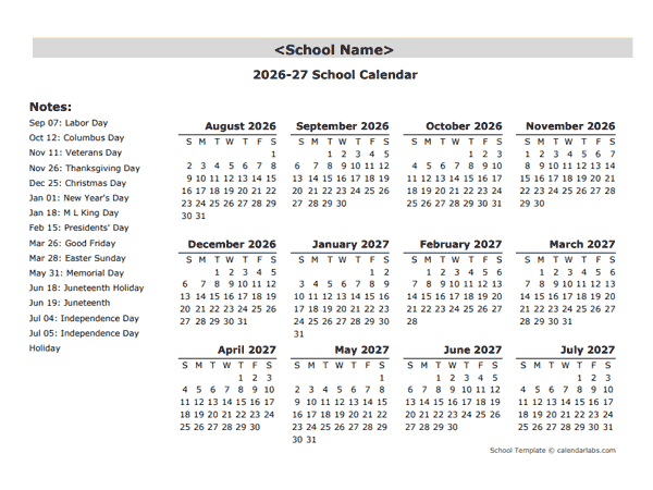 2026 Yearly School Aug-Jul Calendar With Holidays