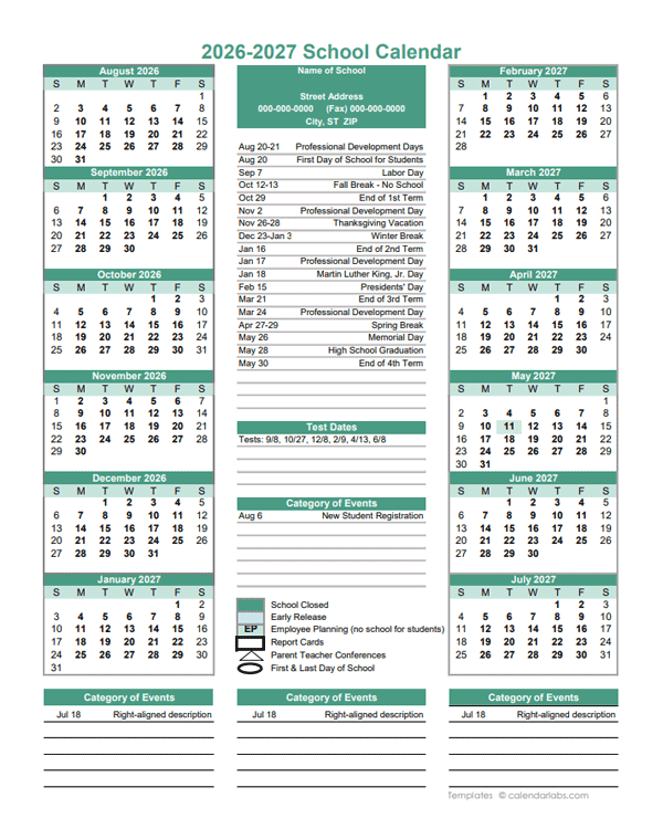 2026 Yearly School Calendar Template Editable Aug-Jul