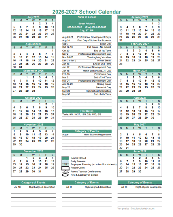 2026 Yearly School Calendar Template Editable Jul-Jun