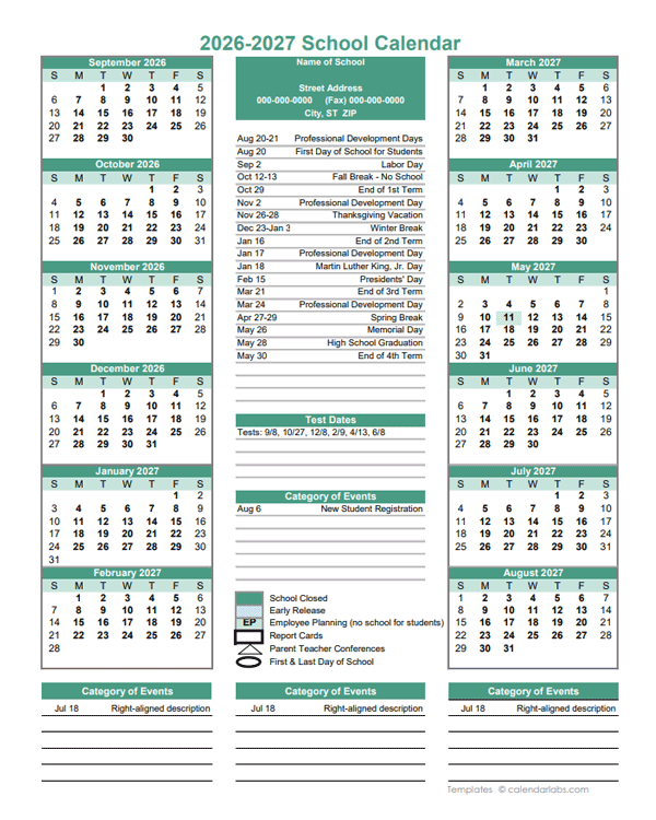 2026 Yearly School Calendar Template Editable Sep-Aug