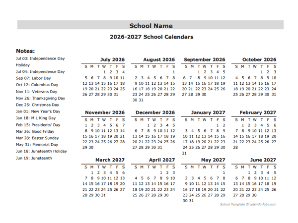 2026 Yearly School Jul-Jun Calendar With Holidays