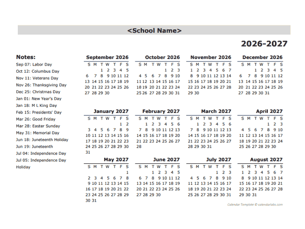 2026 Yearly School Sep-Aug Calendar With Holidays