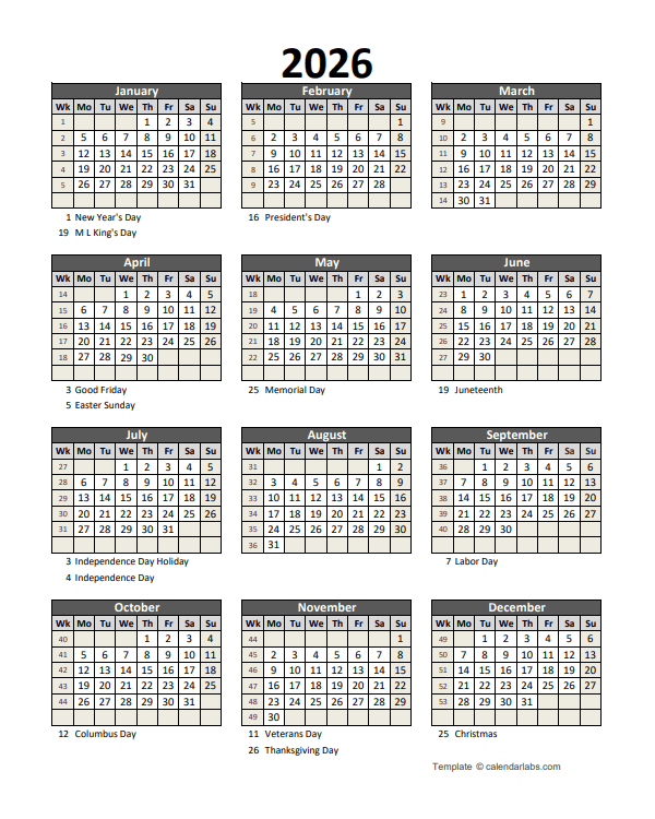 Editable 2026 Yearly Spreadsheet Calendar