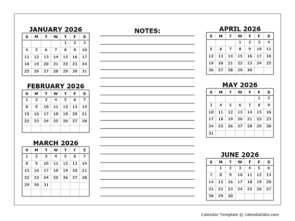 6 Months Per Page Calendar Template 2026