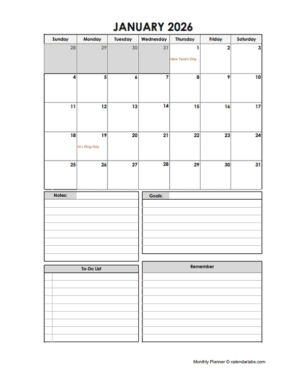 At A Glance 2026 Monthly Planner