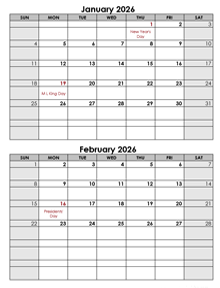 2026 2 Months Calendar Template