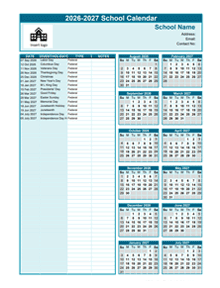 2026-2027 Aug-Jul Yearly School Calendar Template Excel