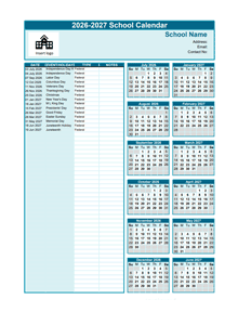 2026-2027 Jul-Jun Yearly School Calendar Template Excel