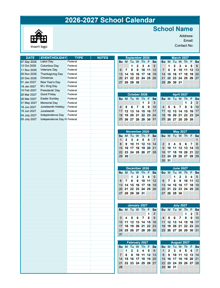2026-2027 Sep-Aug Yearly School Calendar Template Excel