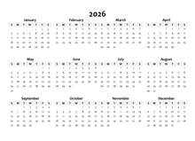 2026 Annual Blank Word Calendar Template