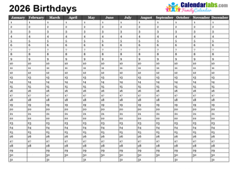 2026 Birthday Calendar Template